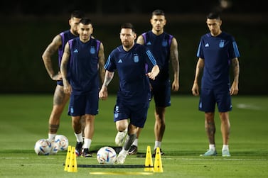 DOHA, QATAR - NOVEMBER 25: Lionel Messi of Argentina runs with the ball during the Australia MD-1 Training Session at Aspire Training Ground on November 25, 2022 in Doha, Qatar. (Photo by Robert Cianflone / Getty Images)