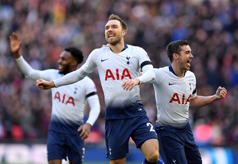 LONDON, ENGLAND - FEBRUARY 10:  Christian Eriksen of Tottenham Hotspur celebrates his goal during the Premier League match between Tottenham Hotspur and Leicester City at Wembley Stadium on February 10, 2019 in London, United Kingdom. (Photo by Justin Setterfield/Getty Images)