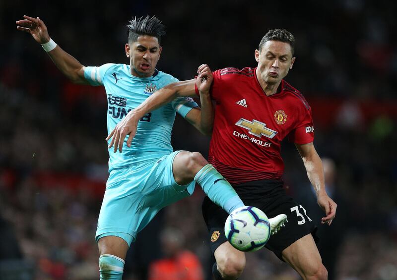 Manchester United's Nemanja Matic in action with Newcastle United's Ayoze Perez. EPA