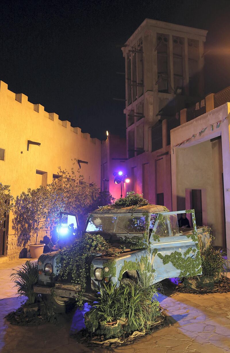 Dubai, March 20, 2018: Emirati artist Mohammed Alolama's  art of an old Land Rover at the Sikka Art fair at Al Fahidi Historical District in Dubai. Satish Kumar for the National