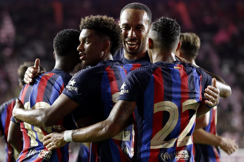 Ansu Fati celebrates with his teammates after scoring Barcelona's third goal against Inter Miami. Getty
