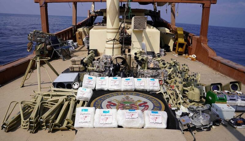 An image released by Centcom of what it says was an Iranian weapons shipment destined for Yemen's Houthi rebels. Centcom / AFP