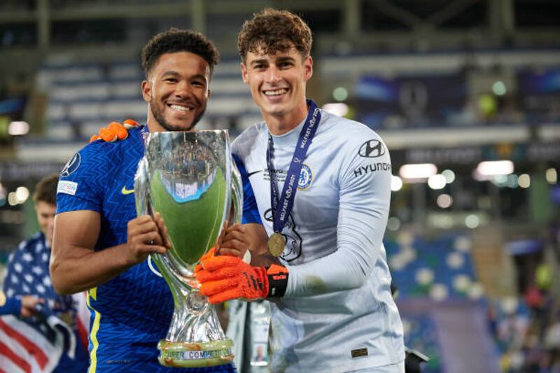 Reece James, Kepa Arrizabalaga of Chelsea with the Uefa Super Cup.