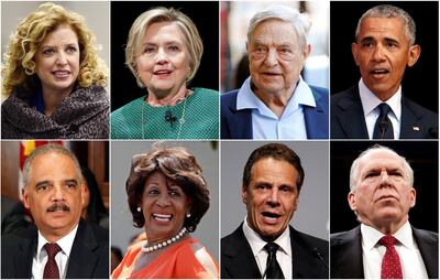 (Top L-R) U.S. Representative Debbie Wasserman Schultz, former Democratic presidential candidate Hillary Clinton, Democratic Party donor George Soros and former U.S. President Barack Obama are pictured along with (Bottom L-R) former U.S. Attorney General Eric Holder, U.S. Congresswoman Maxine Waters, New York Governor Andrew Cuomo and Former CIA director John Brennan in a combination photograph made from Reuters file photos.   REUTERS/Files