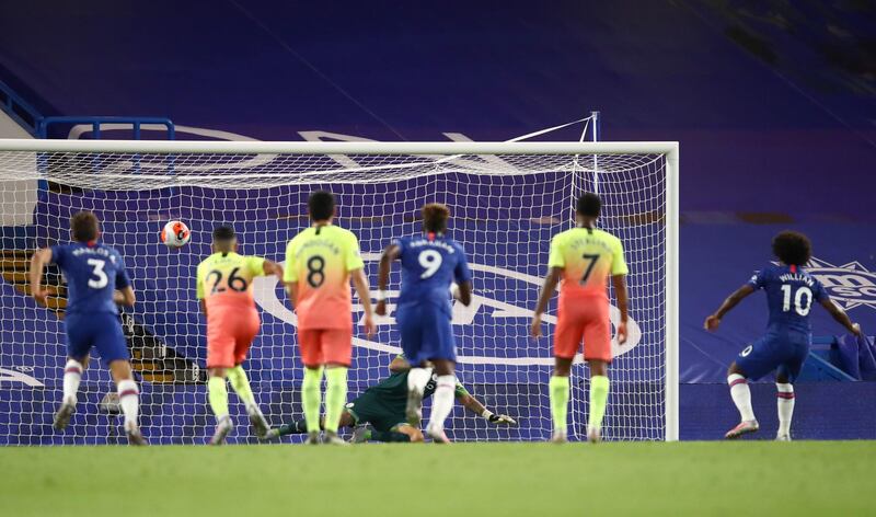 Chelsea's Willian fires home from the spot to make the score 2-1. Getty