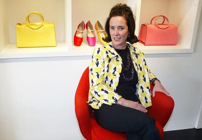This May 13, 2004 photo shows designer Kate Spade during an interview in New York. Spade was found dead in an apparent suicide in her New York City apartment on Tuesday, June 5, 2018. (AP Photo/Bebeto Matthews)