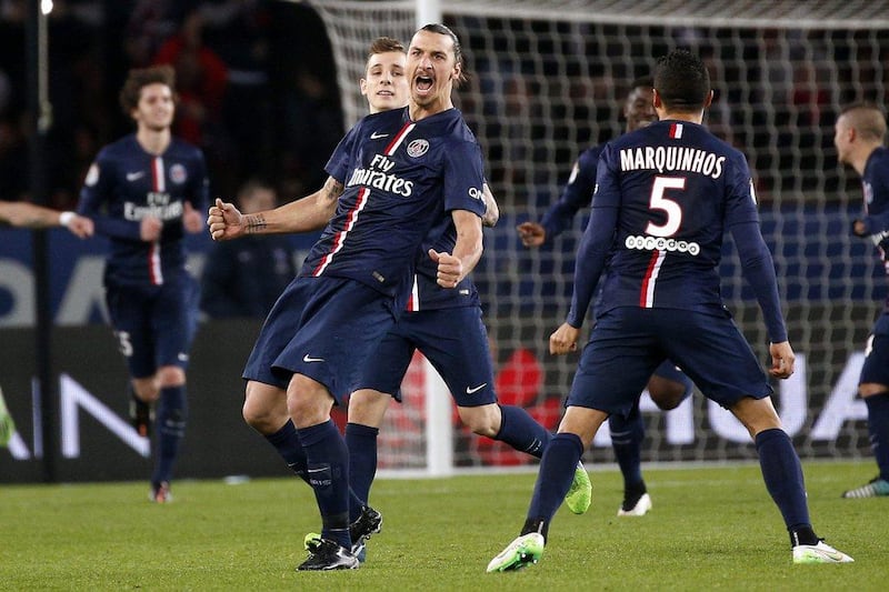 Zlatan Ibrahimovic of Paris Saint-Germain reacts after scoring the winner, his second goal, in PSG's 2-1 win over Nantes in Ligue 1 on Saturday. Yoan Valat / EPA / December 6, 2014