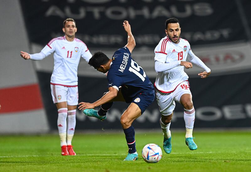 Khaled Ibrahim challenges Lorenzo Melgarejo during the UAE's friendly against Paraguay. Photo: UAE FA