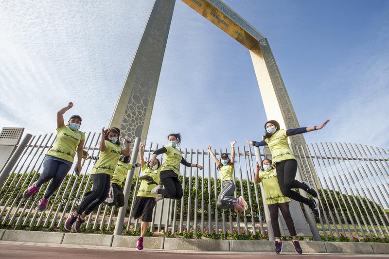 Dubai, United Arab Emirates - Participants having fun  at the Dubai Run, The Frame Zabeel Park.  Leslie Pableo for The National