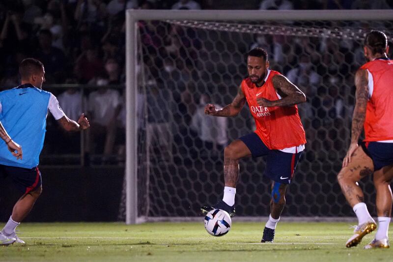 PSG's Neymar controls the ball during training. AFP