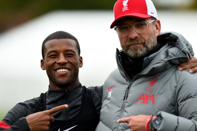 LIVERPOOL, ENGLAND - OCTOBER 02: (THE SUN OUT, THE SUN ON SUNDAY OUT) Jurgen Klopp manager of Liverpool with Georginio Wijnaldum of Liverpool during a training session at Melwood Training Ground on October 02, 2020 in Liverpool, England. (Photo by Andrew Powell/Liverpool FC via Getty Images)