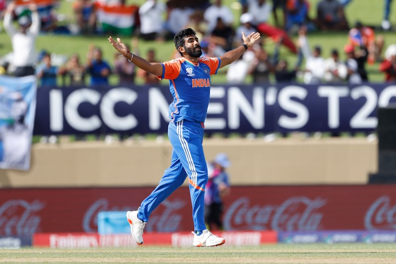 India's Jasprit Bumrah celebrates after taking the wicket of England's Phil Salt during the 2024 ICC Men's T20 World Cup semi-final match at the Providence Stadium in Georgetown, Guyana. PA