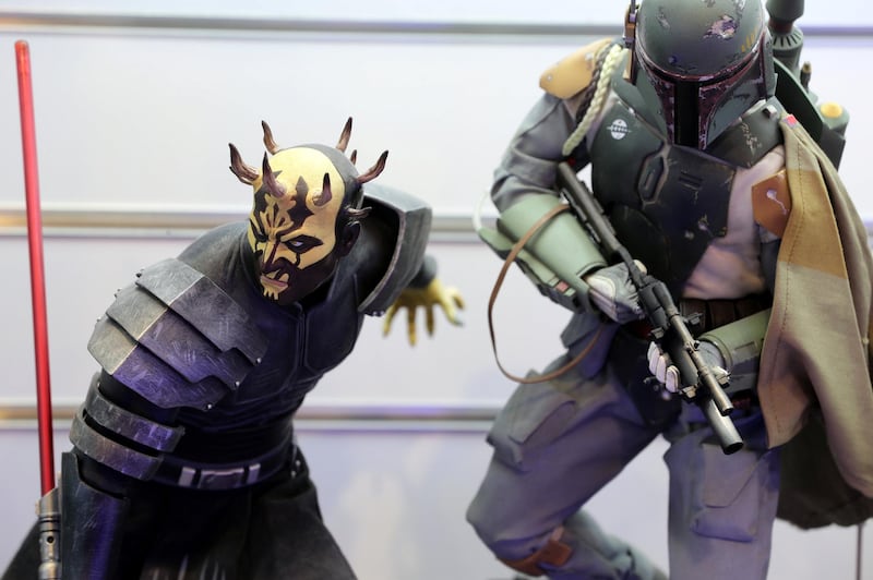 Dubai, United Arab Emirates - May 26, 2019: Photo Project. Savage opress-clone (L) and Boba Fett figures. Comicave is the WorldÕs largest pop culture superstore involved in the retail and distribution of high-end collectibles, pop-culture merchandise, apparels, novelty items, and likes. Thursday the 30th of May 2019. Dubai Outlet Mall, Dubai. Chris Whiteoak / The National