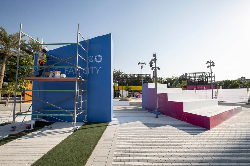 The fan zone at Expo City Dubai under construction during the countdown to the World Cup. Ruel Pableo for The National