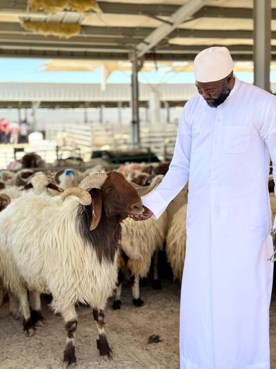 Mamadou Sow at a livestock market in Kuwait. The sheep was slaughtered on Eid morning. Photo: Mamadou Sow 
