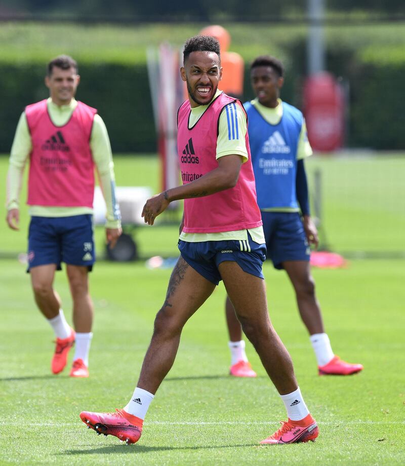 ST ALBANS, ENGLAND - JULY 29: Pierre-Emerick Aubameyang of Arsenal during a training session at London Colney on July 29, 2020 in St Albans, England. (Photo by Stuart MacFarlane/Arsenal FC via Getty Images)