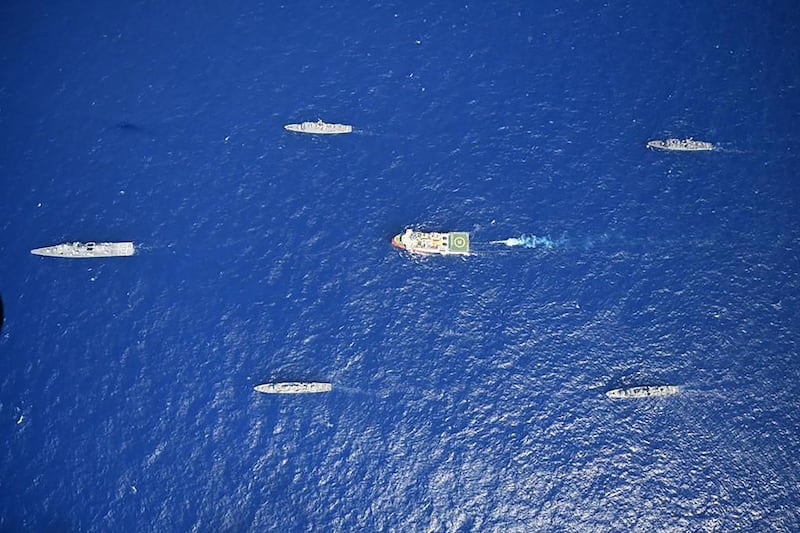 Turkish ships accompany the  'Oruc Reis,' a seismic research vessel. Turkish Defence Ministry/AFP