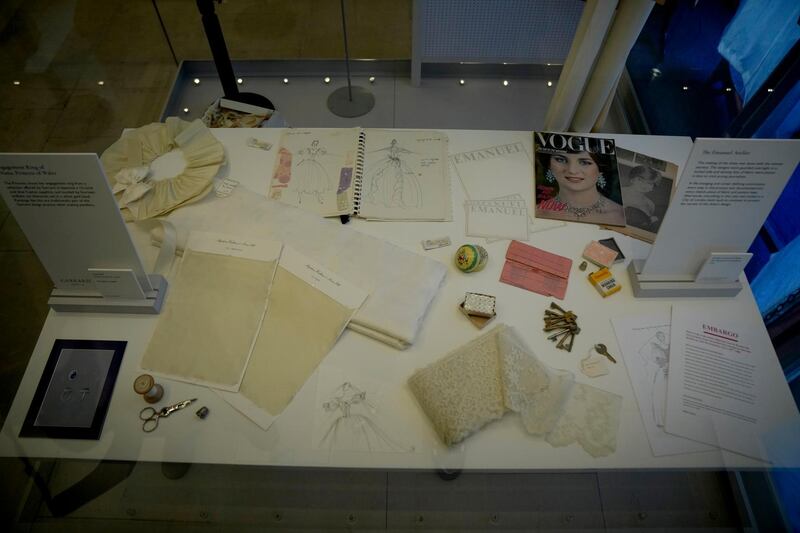 Items from the design process of the wedding dress of Princess Diana created by David and Elizabeth Emanuel are also on display. AP Photo