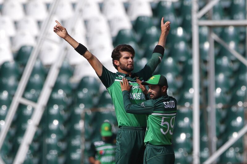 Pakistan's Shaheen Shah Afridi celebrates after taking the wicket of Australia's Aaron Finch. EPA