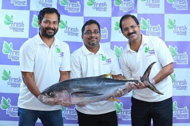 Shan Kadavil (C), co-founder and chief executive of Fresh To Home, sees immense growth potential in fish and meat e-commerce industry. Courtesy Fresh To Home