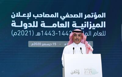 In this photo released by Saudi Press Agency, SPA, Saudi Finance Minister Mohammed al-Jadaan, speaks during a press conference to announce Saudi Arabia's annual budget, in Riyadh, Saudi Arabia, late Tuesday, Dec. 15, 2020. (Saudi Press Agency via AP)