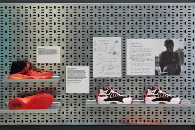 A display wall at the Design Museum, showing the Nike Kyrie 2, designed in 2016 by basketball player Kyrie Irving. Courtesy Design Museum