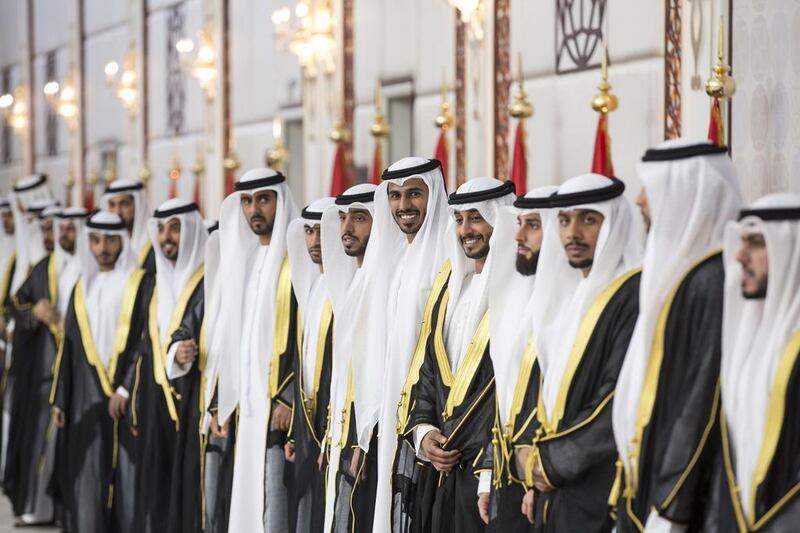 Grooms participate in a group wedding with Dr Sheikh Khaled bin Sultan bin Zayed (not shown), at Mushrif Palace. Ryan Carter / Crown Prince Court - Abu Dhabi