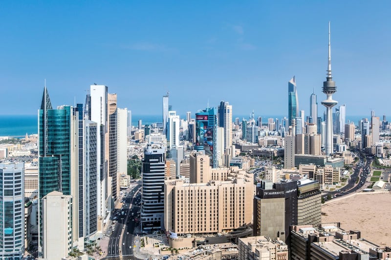 Kuwait, Kuwait City, Elevated view of the modern city skyline and central business district