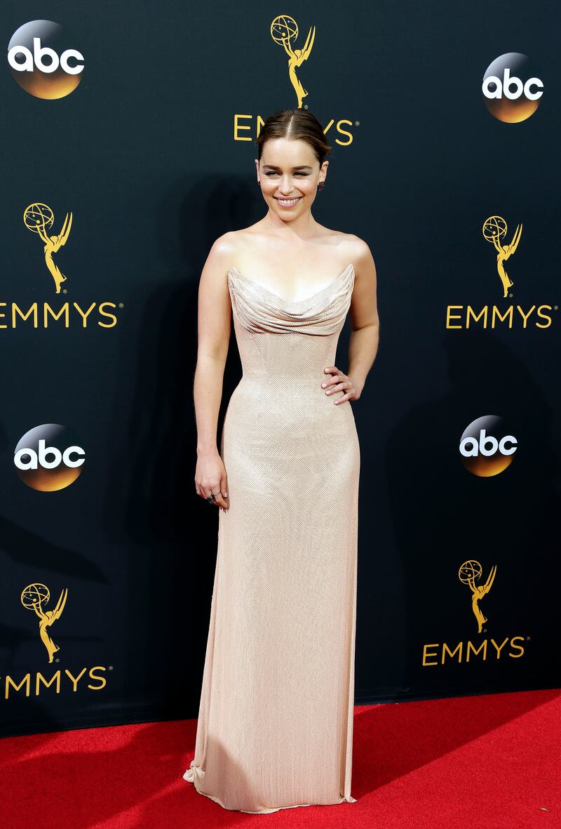 Emilia Clarke wears Versace to the 2016 Primetime Emmy Awards. EPA