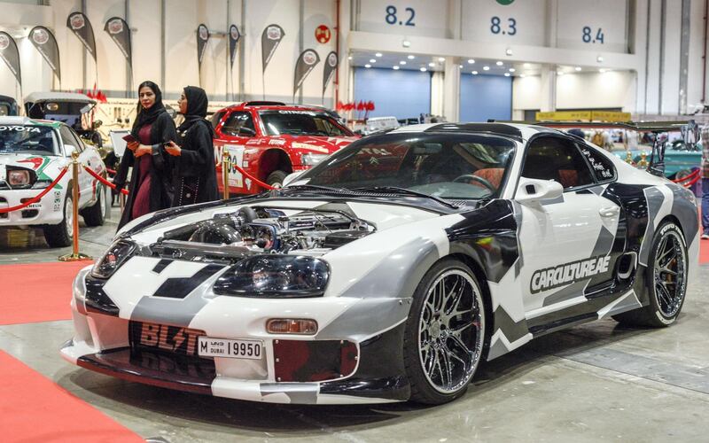 Abu Dhabi, United Arab Emirates -  Supra Turbo 1997, with the engine outside at the International Motor Show and Custom Show Emirates in Abu Dhabi National Exhibition Centre on April 5, 2018. (Khushnum Bhandari/ The National)
