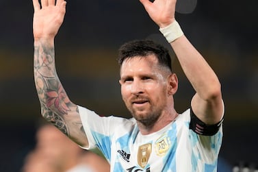 Argentina's Lionel Messi celebrates his side's 3rd goal against Venezuela during a qualifying soccer match for the FIFA World Cup Qatar 2022, at the Bombonera stadium in Buenos Aires, Argentina, Friday, March 25, 2022. (AP Photo / Natacha Pisarenko)