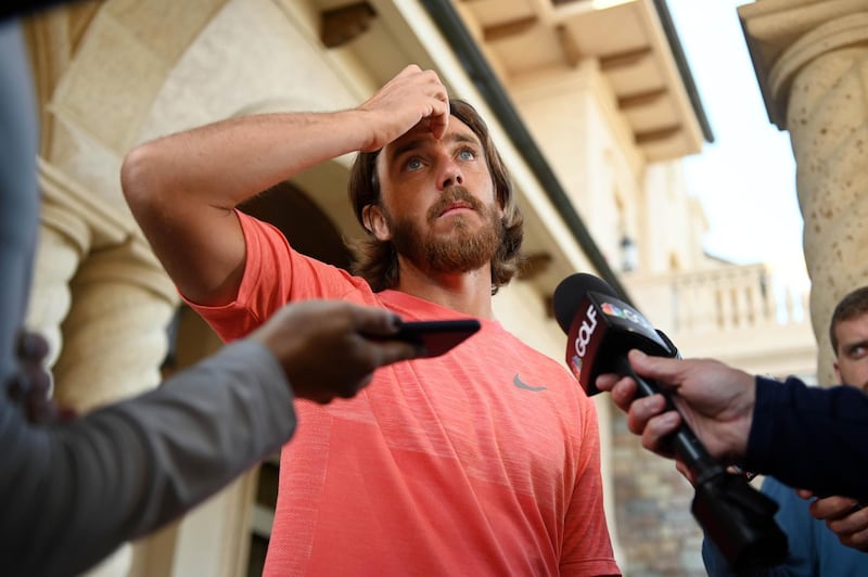 March 13, 2020; Ponte Vedra Beach, Florida, USA; Tommy Fleetwood addresses the media while leaving the clubhouse after the cancellation of the 2020 edition of The Players Championship golf tournament at TPC Sawgrass - Stadium Course. The tournament was cancelled at the conclusion of the first round due to the developing Coronavirus (COVID-19) pandemic. Mandatory Credit: Adam Hagy-USA TODAY Sports