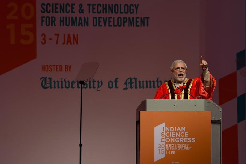Indian prime minister Narendra Modi speaks at the start of the 102nd Indian Science Congress (ISC) in Mumbai on January 3. AFP Photo