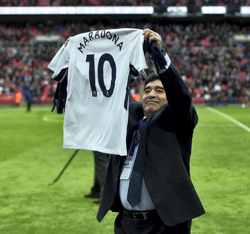 LONDON, ENGLAND - OCTOBER 22:  (THE SUN OUT, THE SUN ON SUNDAY OUT) Diego Maradona legend of football during the Premier League match between Tottenham Hotspur and Liverpool at Wembley Stadium on October 22, 2017 in London, England.  (Photo by John Powell/Liverpool FC via Getty Images)