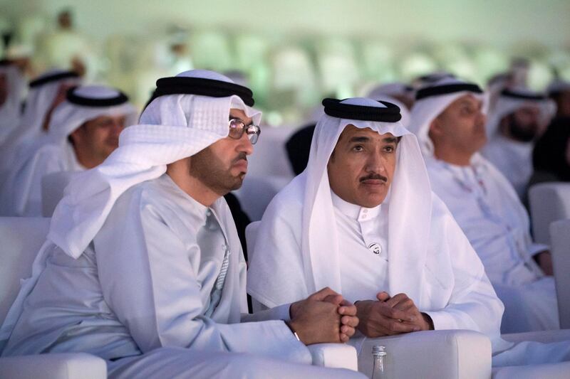 ABU DHABI, UNITED ARAB EMIRATES - March 21, 2019: HE Dr Sultan Ahmed Al Jaber, UAE Minister of State, Chairman of Masdar and CEO of ADNOC Group (L) and HE Ahmed Juma Al Zaabi, UAE Deputy Minister of Presidential Affairs (R) attend the closing ceremony of the Special Olympics World Games Abu Dhabi 2019, at Zayed Sports City. 
( Ryan Carter for the Ministry of Presidential Affairs )
---