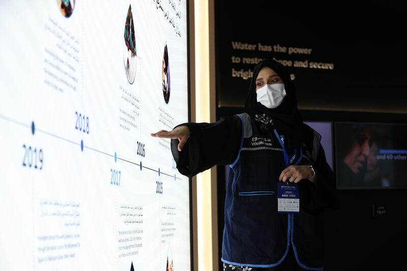 Dubai, United Arab Emirates - Reporter: Patrick Ryan. News. The Dubai International Humanitarian Aid & Development Conference (DIHAD). Suhaila Shaaban speaks at the UAE water aid booth. Monday, March 15th, 2021. Dubai. Chris Whiteoak / The National