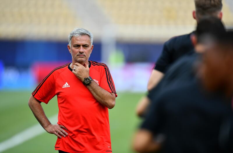 SKOPJE, MACEDONIA - AUGUST 07:  Jose Mourinho, Manager of Manchester United looks on during a training session ahead of the UEFA Super Cup at the National Arena Filip II Macedonian on August 7, 2017 in Skopje, Macedonia. (Photo by Dan Mullan/Getty Images)