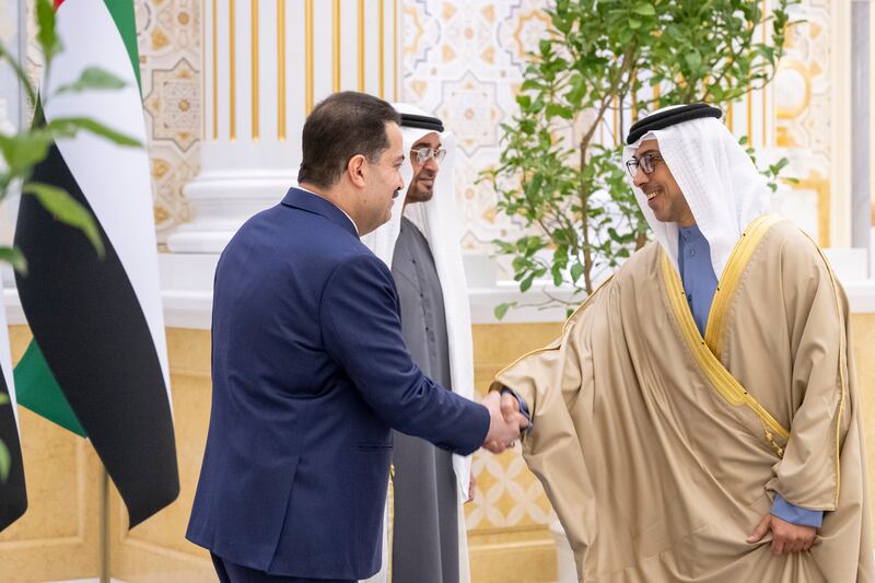 Sheikh Mansour bin Zayed, Deputy Prime Minister and Minister of the Presidential Court, greets Mr Al Sudani in Abu Dhabi.