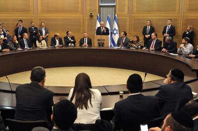 Israeli Prime Minister Benjamin Netanyahu speaks during a meeting of the right-wing bloc at the Knesset (Israeli parliament) in Jerusalem on November 20, 2019. / AFP / GALI TIBBON
