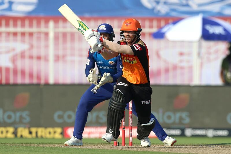 David Warner captain of Sunrisers Hyderabad bats during match 17 of season 13 of the Dream 11 Indian Premier League (IPL) between the Mumbai Indians and the Sunrisers Hyderabad held at the Sharjah Cricket Stadium, Sharjah in the United Arab Emirates on the 4th October 2020.
Photo by: Deepak Malik  / Sportzpics for BCCI