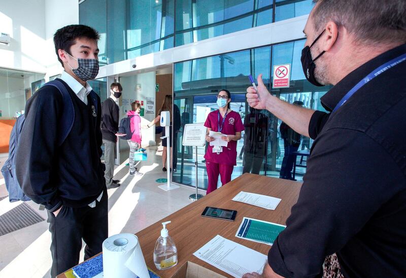 Abu Dhabi, United Arab Emirates, September 28, 2020.  Secondary level students on their first day back to classes on the reopening of British School Al Khubayrat, with Covid-19 protocols for the safety of  students, faculty and parents.  
Victor Besa/The National
Section:  NA
Reporter:  Haneen Dajani