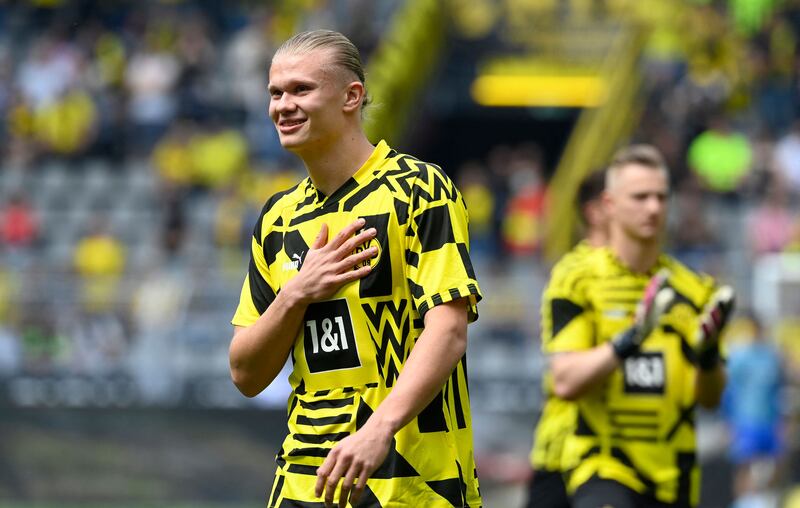 Borussia Dortmund's Norwegian forward Erling Haaland waves farewell to the fans before his final home and departure for Manchester City game against Hertha Berlin on May 14, 2022.  AFP