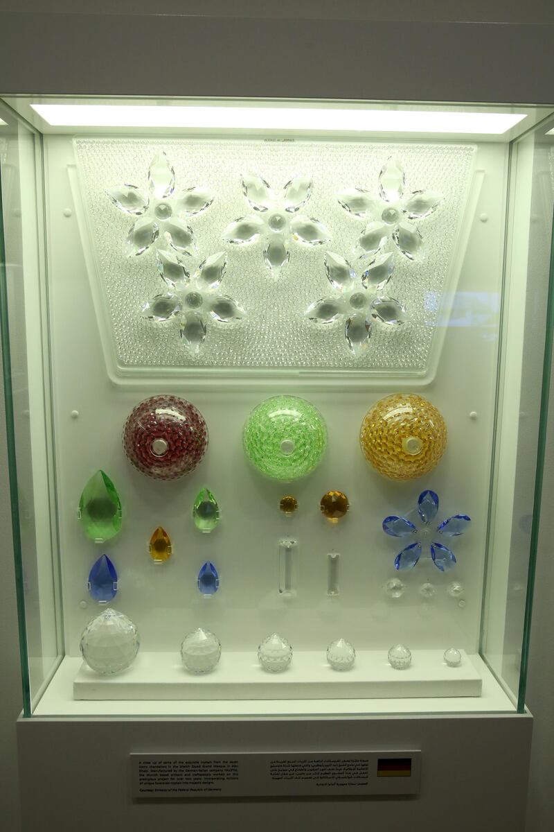 A cabinet of crystals from the chandeliers in the Sheikh Zayed Grand Mosque, manufactured by a German-Italian company. Courtesy EU Delegation