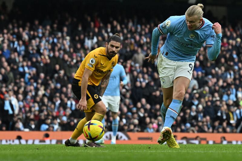 Erling Haaland scores his and City's third goal. Reuters