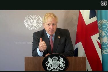 British Prime Minister Boris Johnson speaks in a pre-recorded message which was played during the 75th session of the United Nations General Assembly, on Saturday, September 26, 2020, at the UN headquarters in New York. UNTV Via AP