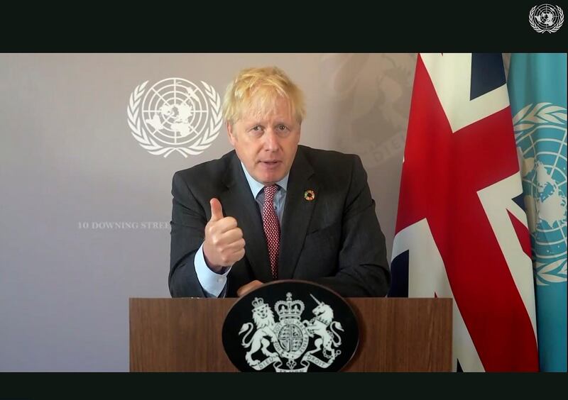 In this photo made from UNTV video, Boris Johnson, British Prime Minister Boris Johnson speaks in a pre-recorded message which was played during the 75th session of the United Nations General Assembly, Saturday, Sept. 26, 2020, at UN Headquarters. (UNTV Via AP )