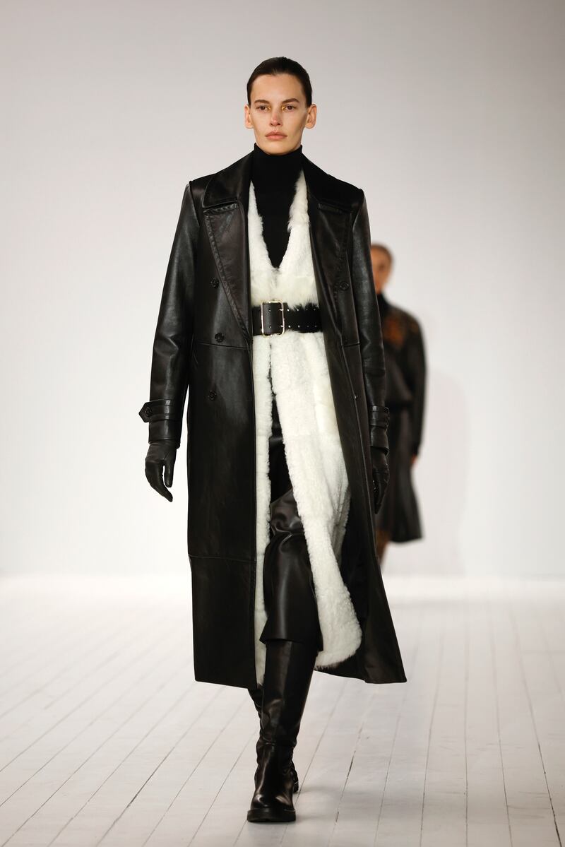 A leather coat and long shearling gilet at the Chloe autumn/winter 2023 show in Paris. EPA