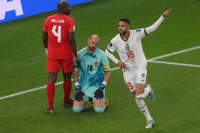 Morocco's Youssef En-Nesyri celebrates after scoring the second goal.  AFP