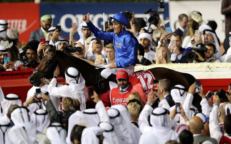 DUBAI , UNITED ARAB EMIRATES , MARCH 30  – 2018 :- Thunder Snow ( IRE  ) ridden by Christophe Soumillon ( no  12 ) won the 9th horse race Dubai World Cup 2000m dirt during the Dubai World Cup held at Meydan Racecourse in Dubai. ( Pawan Singh / The National ) For News/Sports/Instagram/Big Picture. Story by Amith/Rupert