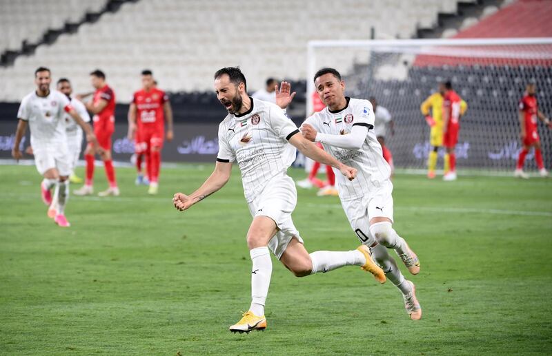 Al Jazira’s Serbian centre-back Milos Kosanovic celebrates after scoring a late equaliser against Shabab Al Ahli in the Arabian Gulf League at the Mohamed bin Zayed stadium on Saturday, March 6, 2021. Courtesy PLC